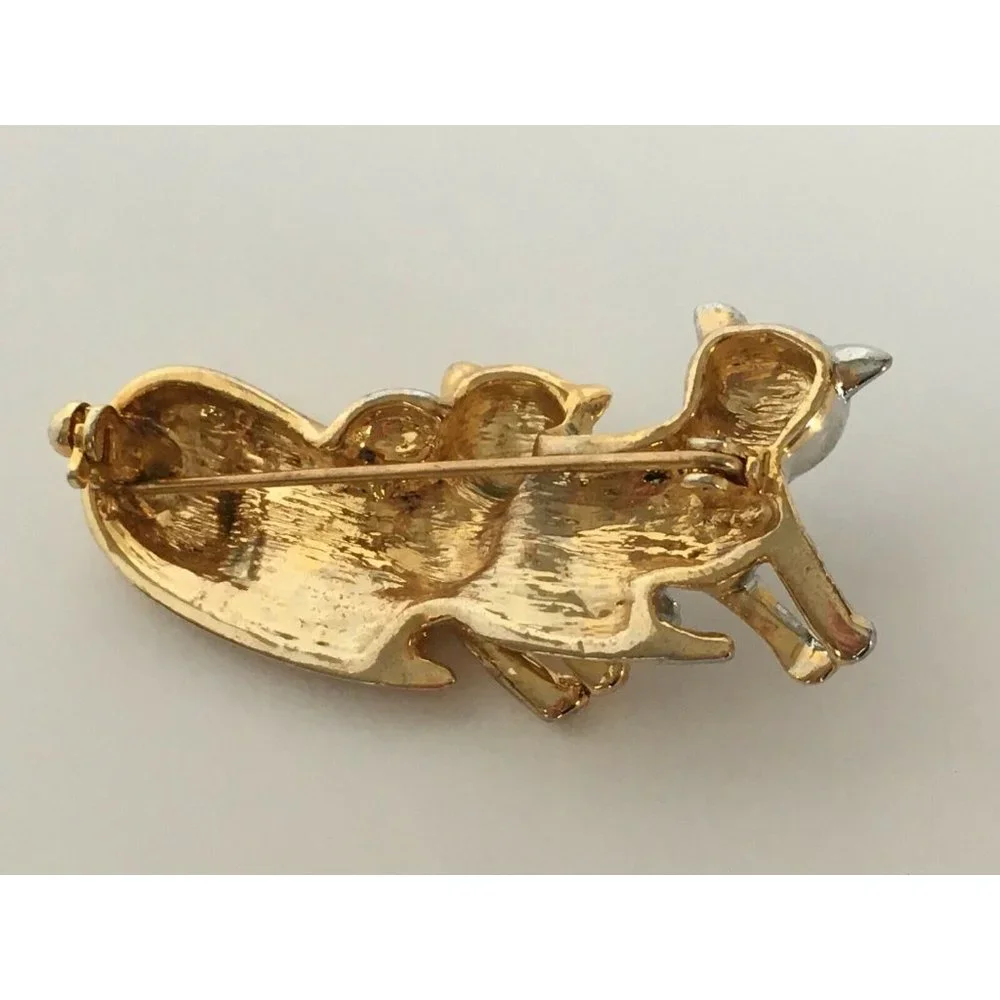 Cats Brooch Pin Silver & Gold Tone Laying Black Eyes Vintage Costume Jewelry 2" - Picture 7 of 10